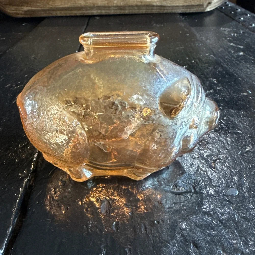 Anchor Hocking Carnival Glass 4x3 Piggy Bank Pig Amber Iridescent Vintage